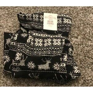 Holiday Leggings Super Soft Reindeer Snowflakes Mid Rise Black White Small